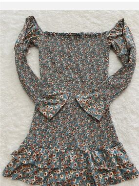 Vibe Teal Floral Smocked Off-Shoulder Dress